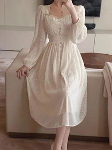 Herfst Women Fashion Elegant White Midi Dresses Vintage Princess Female Party A Line Cloths Vestdios 240424
