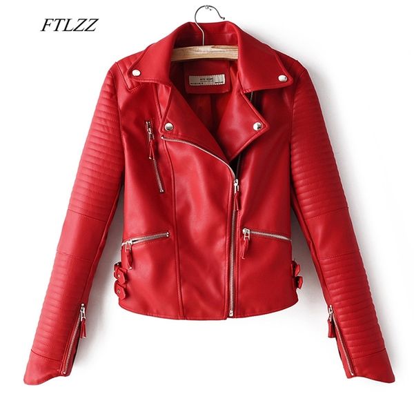 Automne femmes Faux cuir souple veste Pu moto fermeture éclair Rivet manteau col rabattu noir rouge rose Biker Outwear 210430