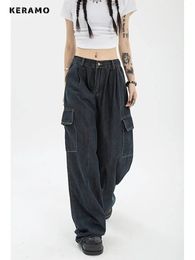 Automne femmes Harajuku Cargo Baggy bleu jean Streetwear Hip Hop surdimensionné décontracté jambe large Vintage Demin pantalon Y2k pantalon ample 240201