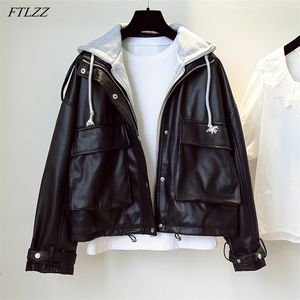 Herfst Vrouwen Hooded Streetwear PU Faux Zacht Lederen Jas Casual Vrouwelijke Losse Moto Biker Korte Zwarte Jas Uitloper 210430