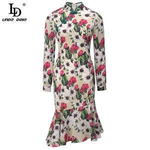 Automne femmes à manches longues Vintage robe mi-longue Designer femme mode Rose fleur imprimer mince sirène fête 210522