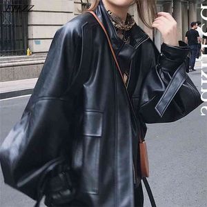 Automne femmes lâche noir court Pu Faux cuir veste décontracté femme moto motard poche Bf Style manteau vêtements d'extérieur 210430