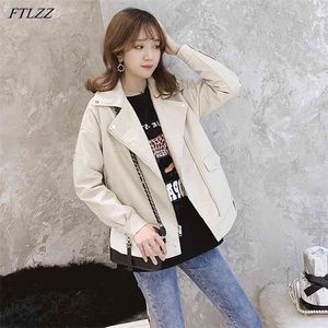 Automne femmes coupe ample Beige Pu Faux cuir souple veste décontracté femme Streetwear fermeture éclair col rabattu noir manteau 210430