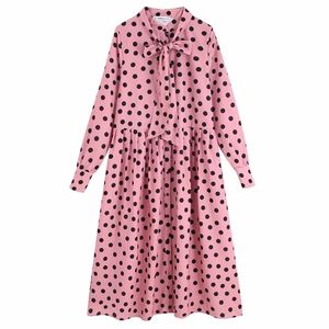 Herfst Vrouwen O Neck Lange Mouwen Boogdecoratie Jurk Dames Polka Dots Afdrukken Casual Geplooid Midi Jurken Chic Vestidos DS2839 210420