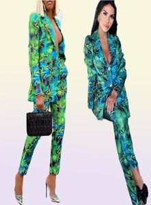 Autumn Women Pant Suits Green Jungle Print Blazer Vintage Streetwear lange mouw jas en hoge taille broek 2 -delige set1129048