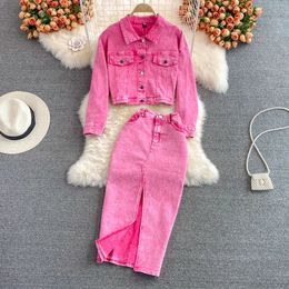 Herfst vrouwen roze denim sets rapel lange mouw korte mouw korte jas hoge taille rok Koreaanse vrouwelijke tweedelige set streetwear 240423
