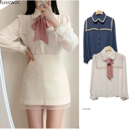 Blusas lindas con pajarita para mujer de otoño estilo preppy Vintage japonés diseño coreano botón elegante camisas blancas formales blusas 240102