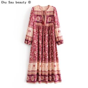 Herfst Dames Vrije tijd Vakantie Stijl Beach Lace-up Kwastje Vrouwelijke Lange Rok Jurk Boho Fashion Vintage 210508