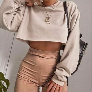 Automne femmes à manches longues haut col rond coton couleur unie pull dames culture sweat t-shirt extérieur court T-Shirt 210623