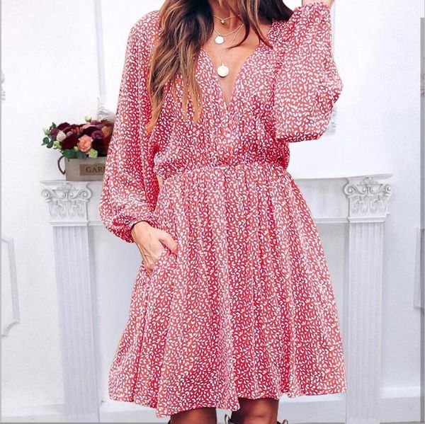 Vestido estampado floral con cuello en V de manga larga para mujer de otoño Vestidos casuales de lunares rojos