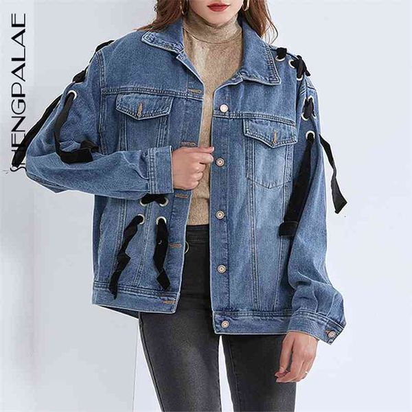 Automne femmes Streetwear Cowboy veste mode à lacets croix cravate nœud lavage eau ample Denim manteau ZT1498 210427