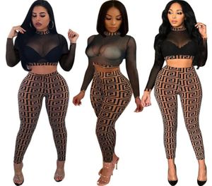 Automne Femmes Sexy Sheer Plaid 2pc Pant Costume Stretchy High Neck Long Sleeve Crop Top Long Slim Pantos Cost Two Piece Outfits9168228