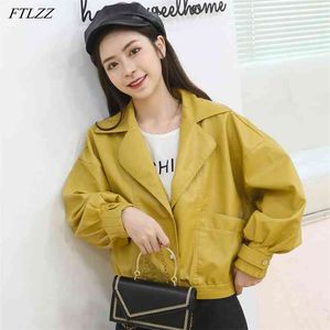 Otoño mujer Streetwear amarillo corto Pu chaqueta de cuero de imitación Turn Down Collar Batwing manga abrigo Casual prendas de vestir 210430