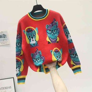 Herfst Vrouwen Trui Lange mouwen O-hals Losse Pollover Sweaters Mode Elegante Cartoon Print Jacquard Jumper Tops 210922