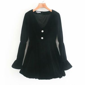 Otoño mujeres terciopelo bud vestido manga larga con cuello en v botones cintura alta dulce es femenino elegante moda vestidos 210513