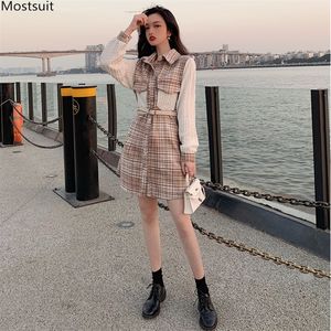 Herfst vrouwen vintage mode plaid lange mouw riem gebreide mini jurk Koreaanse tuniek patchwork single-breasted shirt 210518