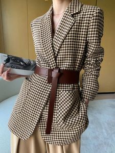 Automne femmes Vintage pied-de-poule laine Blazer vestes mode élégant décontracté manteau d'extérieur avec ceinture femme Cardigan vêtements 240202