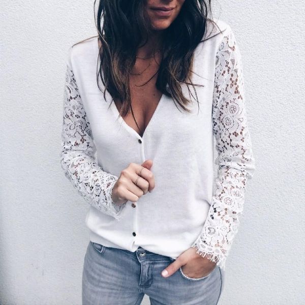 Otoño mujer encaje blanco Blusa con cuello en V manga larga estilo coreano camisa con botones Moda femenina Blusa Com Renda Ey * Blusas de mujer Camisas