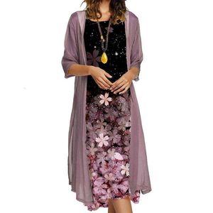 Robe longue d'automne pour femmes, deux pièces, imprimé floral, veste à col rond pour femmes