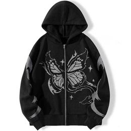 Nieuwe Y2K High Count Matrix Butterfly Print Zipper Hoodie Casual losse hoodie Men Cardigan Coat T240424