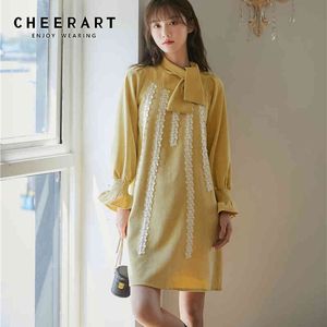 Otoño amarillo vestido de manga larga mujeres parche pajarita cuello longitud de la rodilla señoras con clase ropa de moda coreana 210427