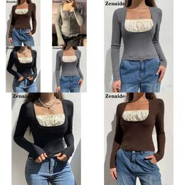 Autumn Zenaide Patchwork Fashion Vintage T -shirt Zwarte vrouwen Grunge Square Neck Aesthetic Koreaanse lange mouw Crop Top Y2K 220728 OP