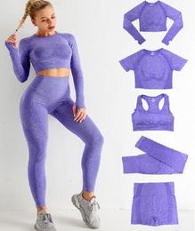 Automne hiver Gym 5 pièces femmes Vital sans couture Yoga ensemble entraînement tenue de sport vêtements de sport à manches longues haut court taille haute Leggings8545102