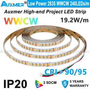 Auxmer Low Power 2835 WWCW LED Strip Lights High density 240LEDs/m Led Tape IP20 CRI95/90 19.2W/m CCT Color temperature adjustable LED 24V