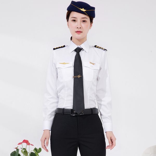 Aviation Corporation Pilote Uniforme Femme Deux Pièces Pantalon Femme Manches Courtes Capitaine Vêtements Marchand Compagnie Aérienne Blouse Pantalon Accessoires Costume