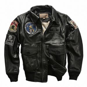 Vestes d'aviateur noir multi-étiquettes brodées pour hommes, revers américain décontracté, court, manteaux en cuir véritable, veste en peau de vache D6qP #