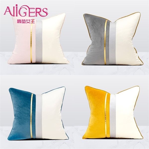 Avigers velours cuir Patchwork housses de coussin bleu marine jaune gris jeter taie d'oreiller pour salon chambre canapé voiture 210401