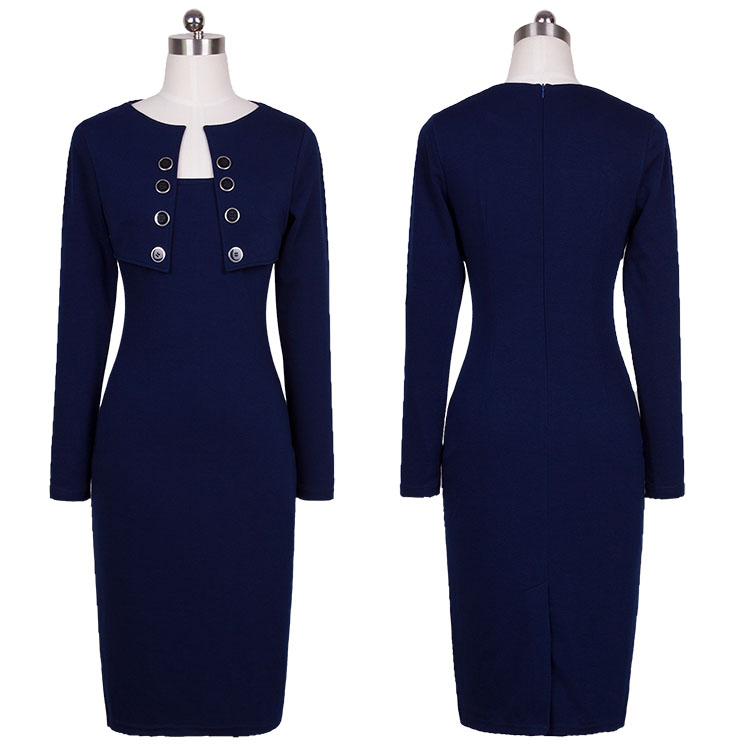 2017 Long Sleeve Spring Work Dress Navy Blue 2015 Autumn Elegant Knee ...