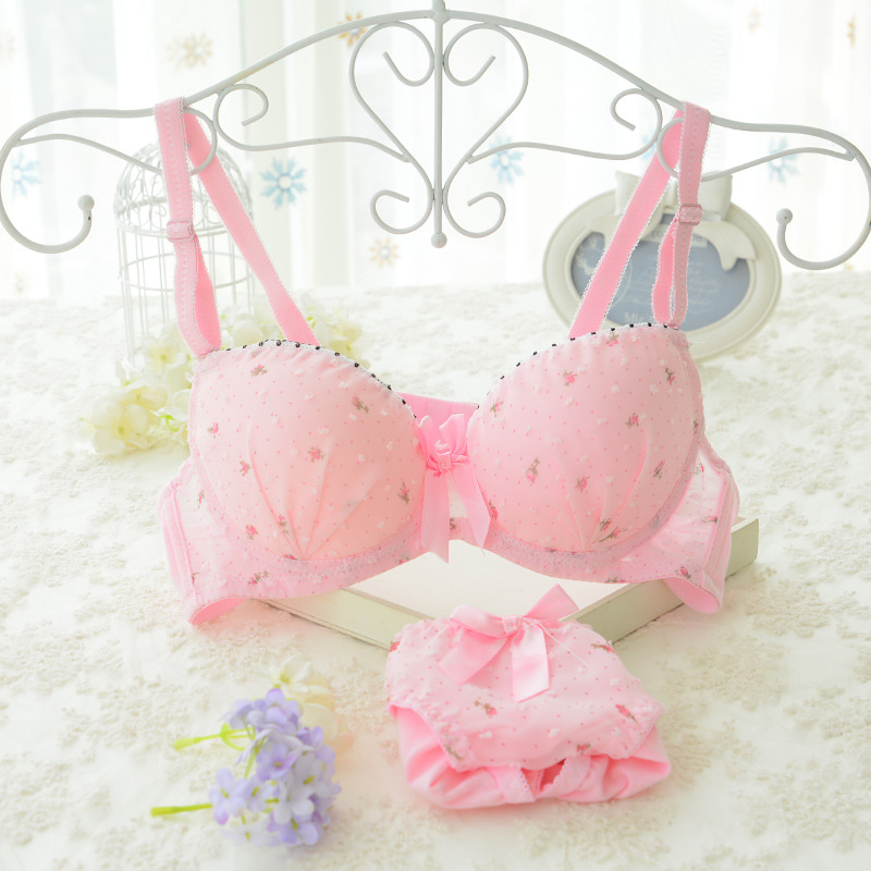 Cute Young Girl Cotton Underwear Set Lace Floral Underwire Push Up