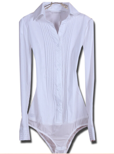 V-neck Pleated Lapel Bodysuit Blouse Long Sleeve Top OL Classic White Blouse Shirts Jumpsuit 