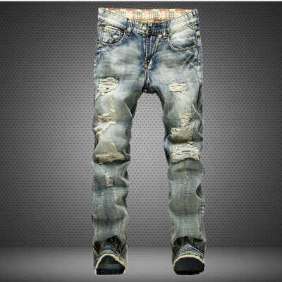 New Arrival Mens Jeans Torn Jeans Holey Ripped Distressed Wash Straight Leg Slim 