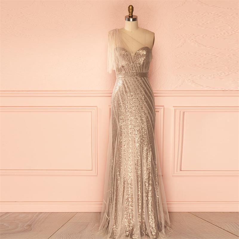 2016 New Real Champagne Gold Bridesmaid Dresses Sheath One Shoulder ...