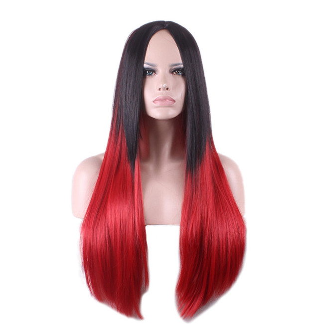 WoodFestival Grey Ombre Wig Women Long Straight Long Red Wig Black Red ...