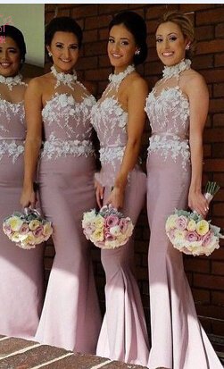 Pink Mermaid Halter Elegant Bridesmaid Dresses Long Lace Appliques ...