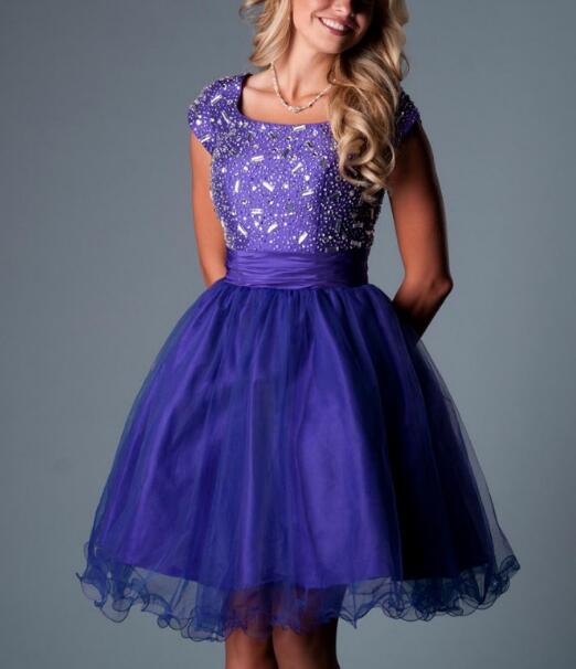 Purple Short Modest Cocktail Dresses 