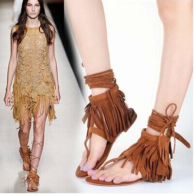 New Womens Fringe Ankle Cuff Tassel Lace Up Gladiator Flat Sandal Thong Open Toe 