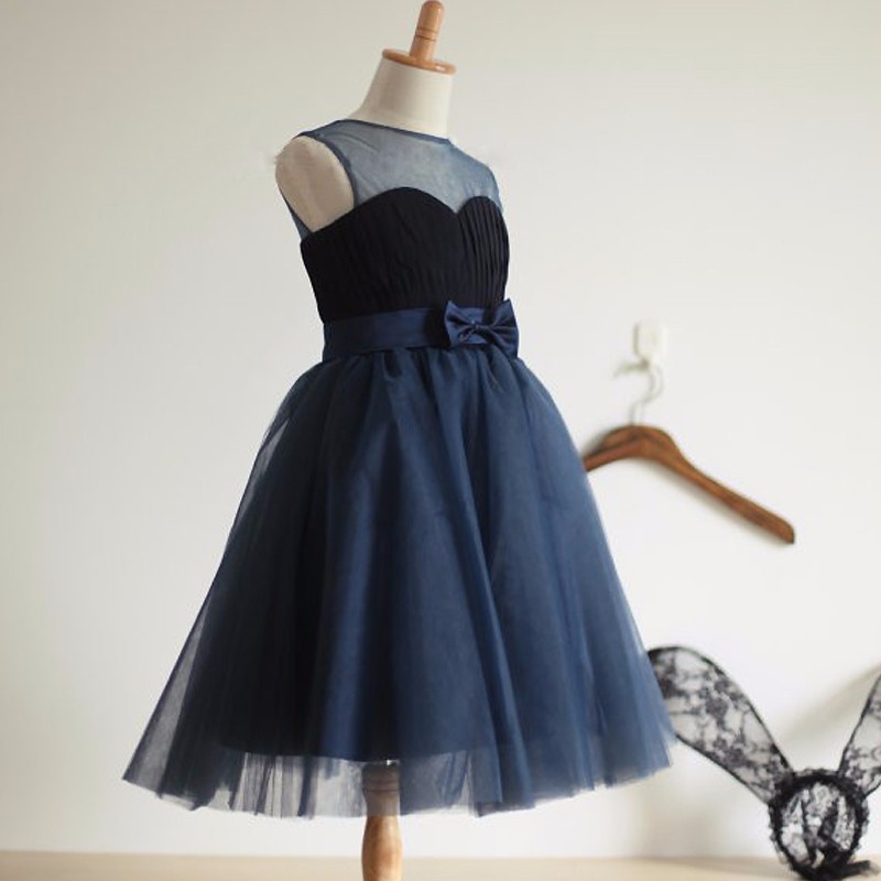 2017 Cute Navy Blue Flower Girl Dress Tea Length Children Dresses