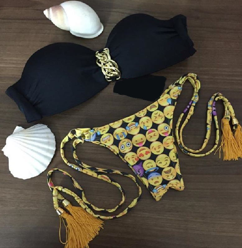 B061 Emoji Bikinis Women Swimsuit Mid Waist Bathing Suits Swim Bikini