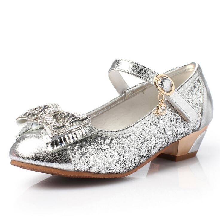 Children Shoes New Style Golden Silver Pink Bow Crystal Shining Sequins ...