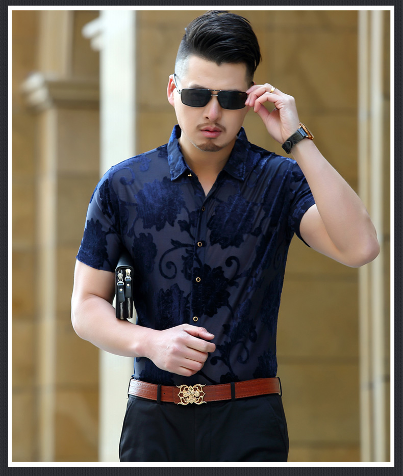 Mens See Through Business Casual Silk Shirts Transparent Floral Sexy ...