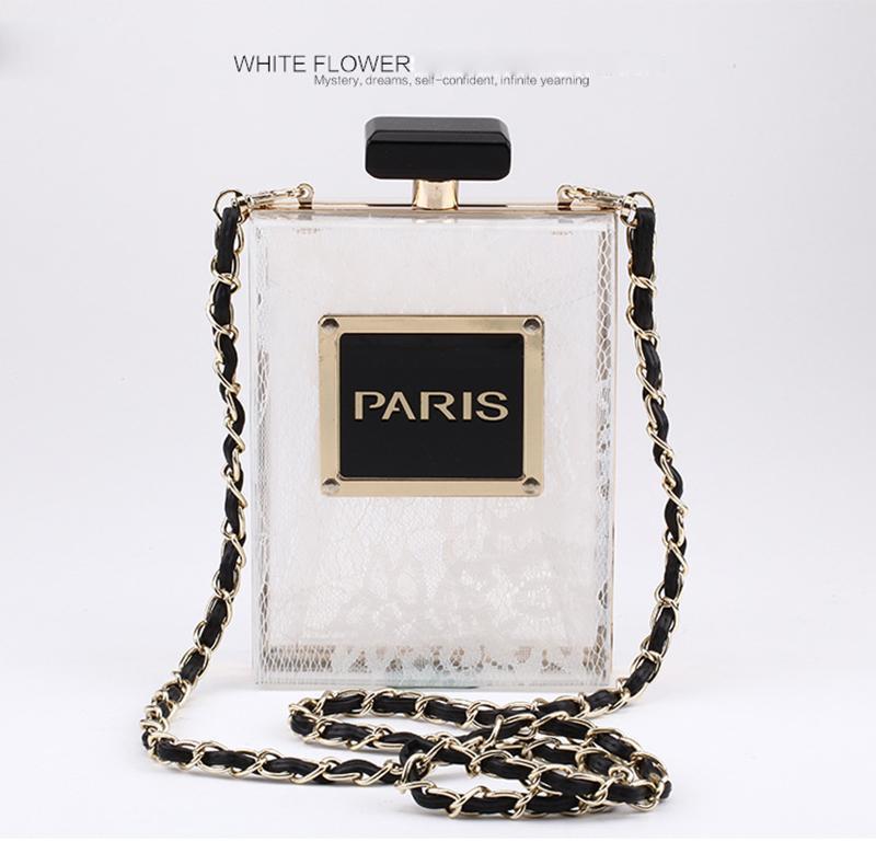 Hot Fashion Brand PARIS Perfume Bag Bottle Shape Handbag Clutch Acrylic