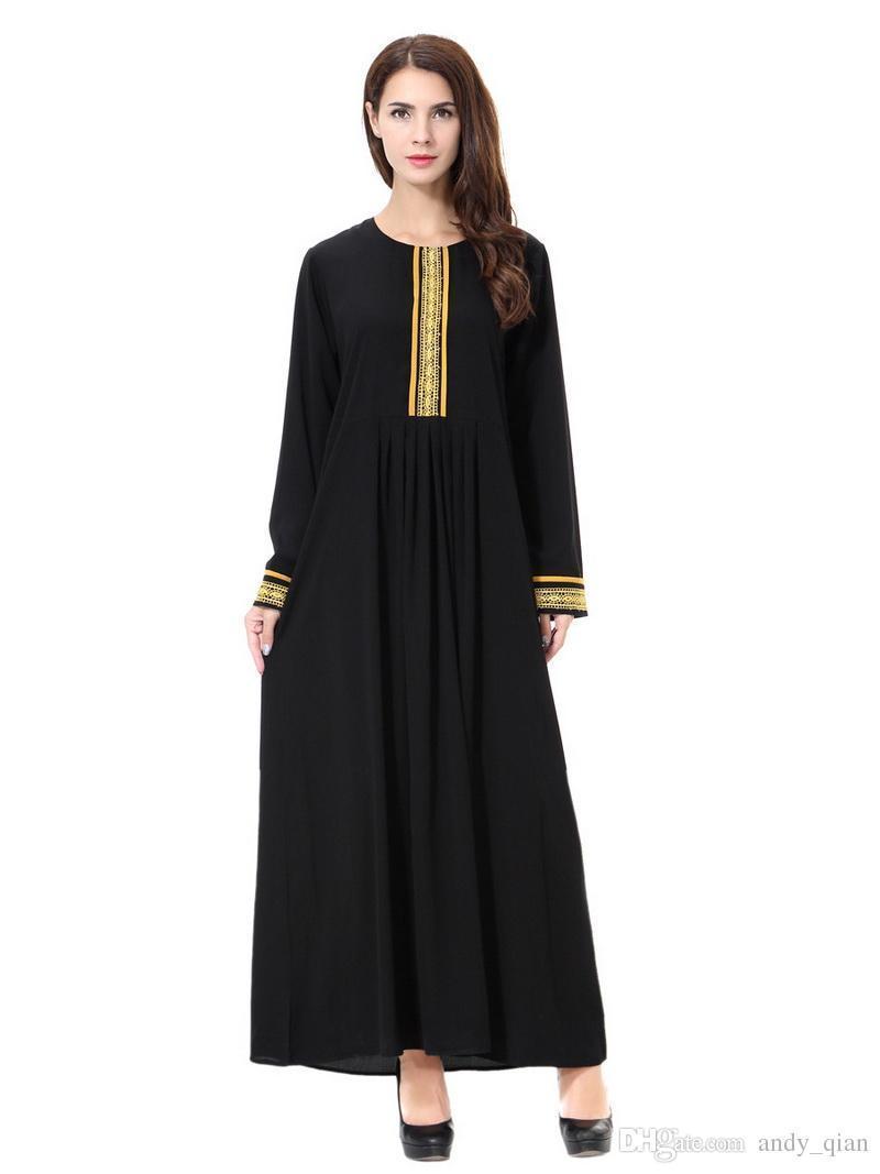 Women Long Ethnic Clothing Muslim Arab Dresses Solid Color Embroidery ...