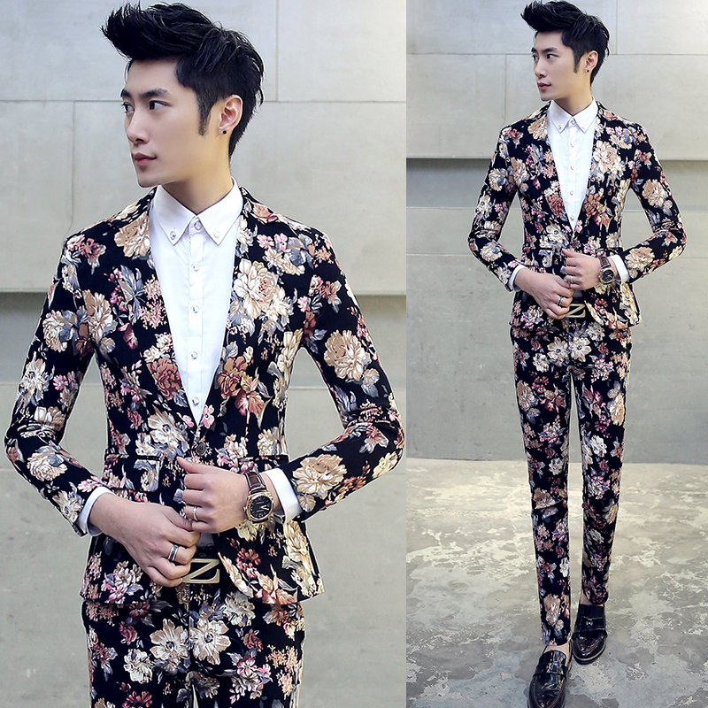 Wholesale- Jacket + Pant Mens Flower Suit New Brand Floral Print Suit ...