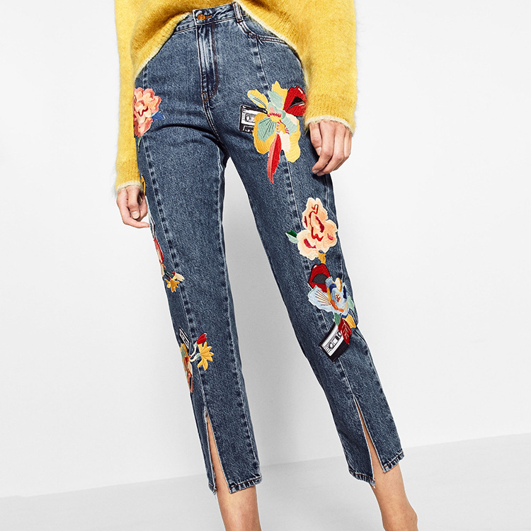 Wholesale Spanish Style Women Jeans Front Flower Patch Embroidered Denim Jeans High Waist Ankle
