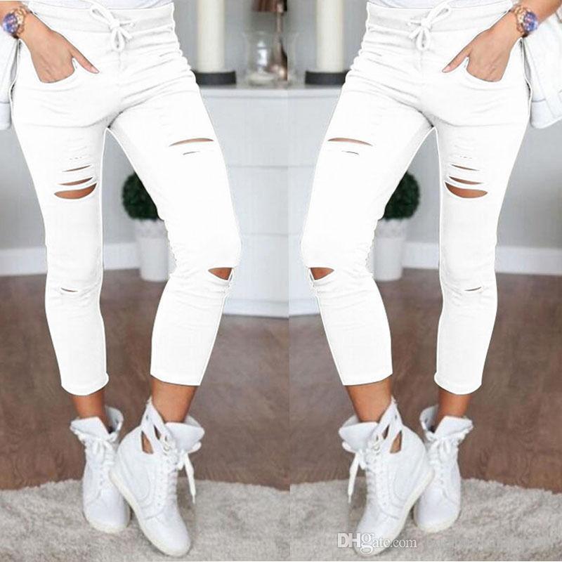 Verhoogd Waarneembaar lens Dames Denim Skinny Jeans Broek Gaten Vernietigd Knie Potlood Broek Casual Broek  Zwart Wit Stretch Gescheurde Jeans Van 14,02 € | DHgate