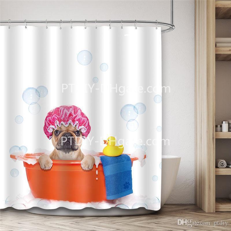 Animal Tissu rideau de douche Set adorable chiot salle de bains Rideau Avec Crochets